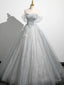 Silver Gray Tulle Lace Prom Dresses, Silver Gray Long Lace Formal Prom Dresses