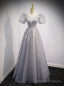 Silver Gray Tulle Sequins V Neck Beading Prom Dress