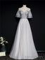 Silver Gray Tulle Short Sleeve Beading Sequins Prom Dress