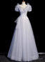 Silver Gray Tulle V Neck Short Sleeve Prom Dress