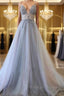 Silver Grey V Neck Floor Length Long Beaded Prom Dresses, Grey Long Beaded Formal Evening Dresses