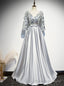 Silver Satin Sequins Deep V Neck Short Sleeve Prom Dress