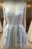 Silver Sequin Lace V Neck Tulle Homecoming Dresses Short Prom Gown