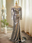 Silver Sequins Long Sleeve Split Prom Dres