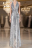 Silver Sequins Sheath V-Neck Long Prom Dress Shiny Evening Dress