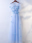 Simple A-Line Blue Tulle With Lace Applique, Blue Floor Length Prom Dress