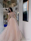 Simple A Line Champagne Tulle Prom Dresses Evening Dress
