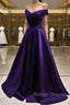 Simple A Line Off The Shoulder Purple Satin Long Prom Dresses