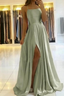 Simple A Line Sage Green Long Prom Dress With Slit Evening Party Dress