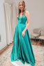 Simple A Line Spaghetti Straps Green Long Prom Dress with Slit