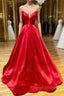 Simple A Line V Neck Backless Red Long Prom Dresses Backless Red Fromal Dresses Red Prom Dresses