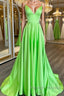 Simple A Line V Neck Green Satin Long Prom Dresses V Neck Green Prom Graduation Prom Dresses