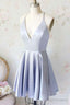 Simple A Line V Neck Light Blue Satin Homecoming Dresses With Pockets