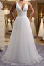 Simple A Line V Neck White Wedding Dresses, V Neck White Tulle Prom Formal Dresses