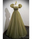 Simple And Minimalist Clover Green Square Neckline Fluffy Short Sleeved Sequin Ball Dresses In Clover A-Line Princess Backless And Ground Length Prom Dresses