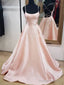Simple Backless Spaghetti Straps Satin Pink Long Prom Dresses