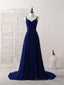 Simple Blue Chiffon Long Prom Dress Backless Blue Evening Dress