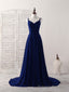 Simple Blue Chiffon Long Prom Dress Backless Blue Prom Dress