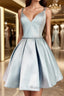 Simple blue v neck satin short prom Dresses blue homecoming Dresses