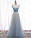 Simple Blue V Neck Tulle Long Prom Dress, Blue Formal Prom Dresses