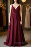 Simple burgundy chiffon lace long prom dress, burgundy evening dress
