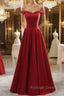 Simple burgundy off shoulder long prom dress, burgundy evening dress