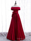 Simple Burgundy Satin Off the Shoulder Bow Prom Dresses