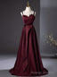 Simple Burgundy Satin Spaghetti Straps Pleats Prom Dress