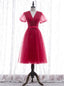 Simple Burgundy Tulle V Neck Short Sleeve Pleats Prom Dress