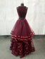 Simple Burgundy Two Pieces Tulle Long Prom Dress, Burgundy Prom Dress