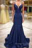 Simple dark blue satin Prom Dresses Long blue Prom Dresses