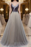 Simple gray v neck tulle long prom dress, gray tulle formal dress