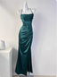 Simple Green Mermaid Pleated Crisscross Sash Slit Satin Long Formal Prom Dress Bridesmaid Dress
