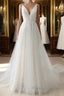 Simple Long A Line V Neck Tulle Wedding Dresses