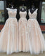 Simple Long Beaded Lace Tulle Prom Dress Open Back