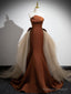 Simple Mermaid Brown/Champagne Satin Tulle Long Prom Dresses Brown Long Prom Dresses