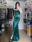 Simple Mermaid Dark Green Thin Strap High Slit Satin Long Formal Prom Dress
