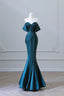 Simple Off Shoulder Satin Ink Blue Long Prom Dresses Ink Blue Mermaid Prom Dresses