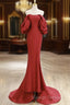 Simple Off Shoulder Satin Red Mermaid Long Prom Dresses Red Long Prom Dresses