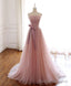 Simple Pink Tulle Long Prom Dress, Aline Pink Tulle Formal Prom Dresses