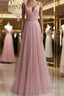 Simple pink tulle long prom dress pink tulle evening dress