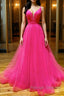 Simple pink v neck tulle Prom Dresses Long pink Prom Dresses