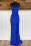 Simple Royal Blue Glitters Prom Dress Long High Slit Prom Dresses Lace-Up