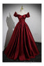 Simple Satin Burgundy Long Prom Gowns with Short Sleeves