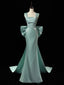 Simple Satin Green Long Formal Prom Dress, Green Long Formal Dress With Bow Tie