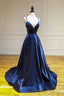 Simple Satin Long A Line Prom Dress, Blue Spaghetti Strap Prom Prom Dress