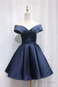 Simple Satin Short Prom Dress, Off Shoulder Blue Prom Dress