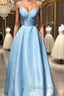 Simple sweetheart blue satin long prom Dresses blue Prom Dresses