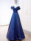 Simple Tulle Satin Dark Blue Long Prom Dress, Blue Formal Evening Dress