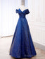 Simple Tulle Satin Dark Blue Long Prom Dress, Blue Formal Prom Dress